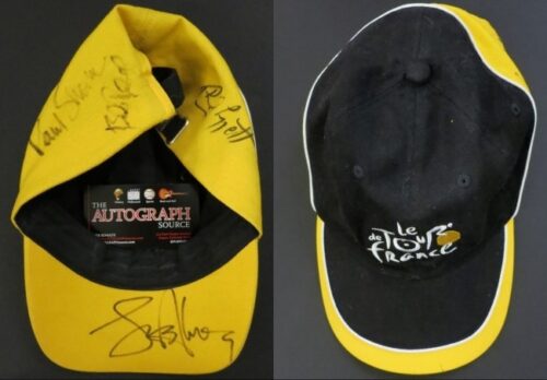 Tour de France Cap signed by Liggett, Sherwen, Roll, and Armstrong